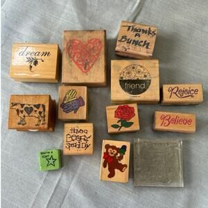 Wood Block Stamps Dream Heart Bear Cow Friend Rose Believe Gloves etc lot of 13